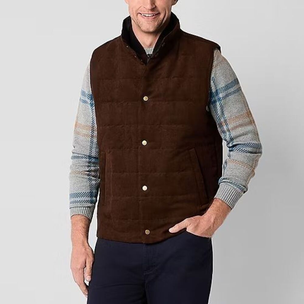 NWT $80 Stafford Mens XL Brown Vest Faux Suede Full Zip & Snaps Pockets